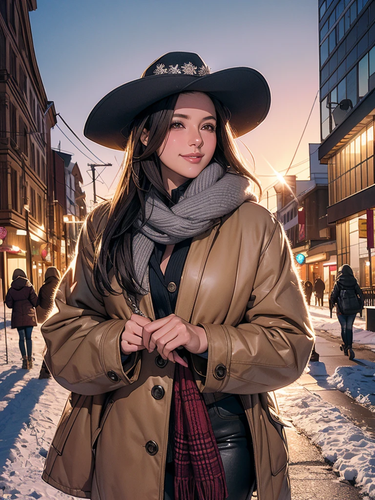 Ultra-detailed, In the winter scenery of the city center、Realistic cowgirl with dark hair smiling and looking at the audience. One imagem tem a melhor qualidade, 4K resolution, High resolution, It&#39;s a masterpiece (Strength 1.2). This scene captures the essence of spring in the city center.. One