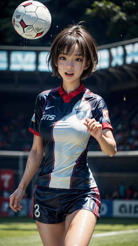 Highest quality, High resolution:1.2, Very detailed, Realistic:1.3, ((Beautiful woman))、((Super tight uniform))、((Super big breasts))、(((Soccer uniforms)))、Vibrant colors, play soccer,(Blunt bangs)、((short hair))、Different hair colors、With bangs、Wet Hair, concentrate, splash, Action Shots, Grass blotches, Muddy ground, Wet turf, decide, Fast-paced games, Athletic physique, Shiny soccer ball, Wet Uniform, raindrop, Blurred motion, ボールにconcentrateする, Intense competition, Skillful dribbling, Energetic play, Teamwork, powerful shoots, Wet pitch, Passionate sports, Humid atmosphere, Fluid movement, emotional expression、Dramatic lighting, Women's Sports, Avid athletes, Exciting Games, Endure, Excited state, Speed and agility, Energetic play, 濡れたsplash、smile、((Red Uniform))