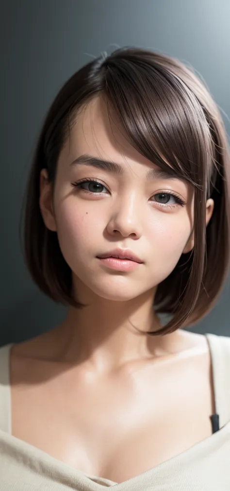 (((Close-up of face)))、(((Absolutely shoulder-length brown straight short bob)))、(((She is posing like a hair salon model, with ...