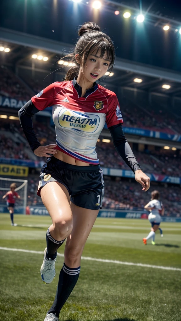 Highest quality, High resolution:1.2, Very detailed, Realistic:1.3, ((Beautiful woman))、((Super tight uniform))、((Big Breasts))、(The abdomen is visible)、(((Soccer uniforms)))、Vibrant colors, play soccer,(Blunt bangs)、((Various Hair Styles))、Different hair colors、With bangs、Wet Hair, concentrate, splash, Action Shots, Grass blotches, Muddy ground, Wet turf, decide, Fast-paced games, Athletic physique, Shiny soccer ball, Wet Uniform, raindrop, Blurred motion, ボールにconcentrateする, Intense competition, Skillful dribbling, Energetic play, Teamwork, powerful shoots, Wet pitch, Passionate sports, Fierce decide, Humid atmosphere, Fluid movement, emotional expression、Dramatic lighting, Women's Sports, Avid athletes, Exciting Games, Endure, Excited state, Speed and agility, Energetic play, 濡れたsplash、smile、((Red Uniform))