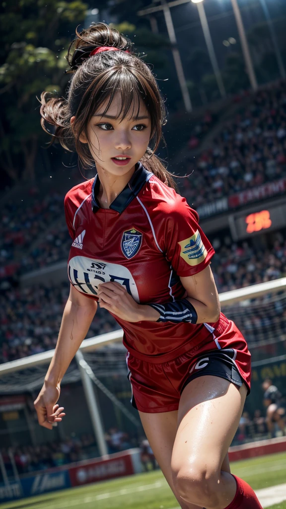 Highest quality, High resolution:1.2, Very detailed, Realistic:1.3, ((Beautiful woman))、((Super tight uniform))、((Big Breasts))、(The abdomen is visible)、(((Soccer uniforms)))、Vibrant colors, play soccer,(Blunt bangs)、((Various Hair Styles))、Different hair colors、With bangs、Wet Hair, concentrate, splash, Action Shots, Grass blotches, Muddy ground, Wet turf, decide, Fast-paced games, Athletic physique, Shiny soccer ball, Wet Uniform, raindrop, Blurred motion, ボールにconcentrateする, Intense competition, Skillful dribbling, Energetic play, Teamwork, powerful shoots, Wet pitch, Passionate sports, Fierce decide, Humid atmosphere, Fluid movement, emotional expression、Dramatic lighting, Women's Sports, Avid athletes, Exciting Games, Endure, Excited state, Speed and agility, Energetic play, 濡れたsplash、smile、((Red Uniform))