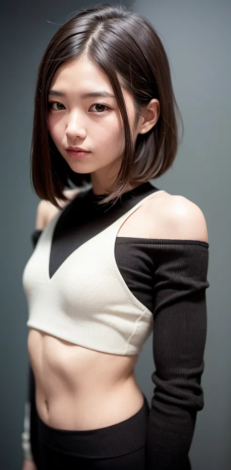 (((Close-up of face)))、(((Absolutely shoulder-length brown straight short bob)))、(((She is posing like a hair salon model, with ...