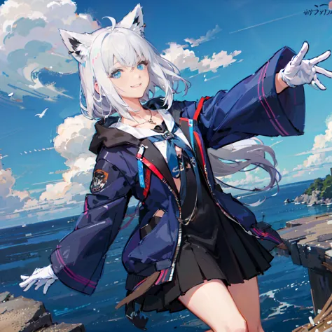 Gray Hair　blue eyes　Long Hair　have　student　Fox Ears　Nice　Blue Earrings　necklace　gloves　beauty　thin　Sailor suit　Wearing a black c...