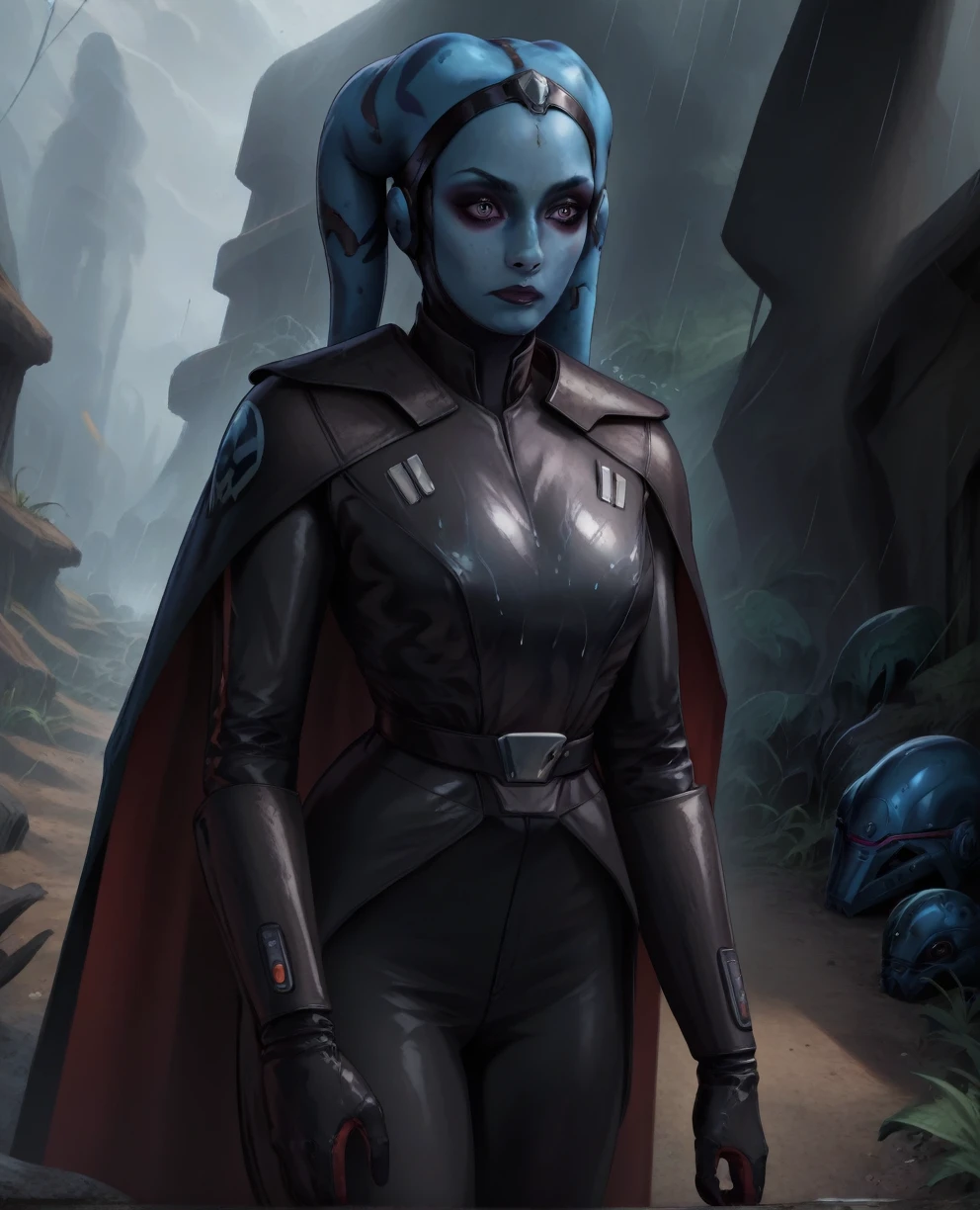 score_9,score_8_up,score_7_up,score_6_up, Female Twi'lek, Aayla Secura ,(((wearing armor))) , FULL body, wet, armor,gloves,black bodysuit,black cape,belt,rain, science fiction,sith base, star wars, outdoors, rain, solo,fflixbag ((wearing armor))
