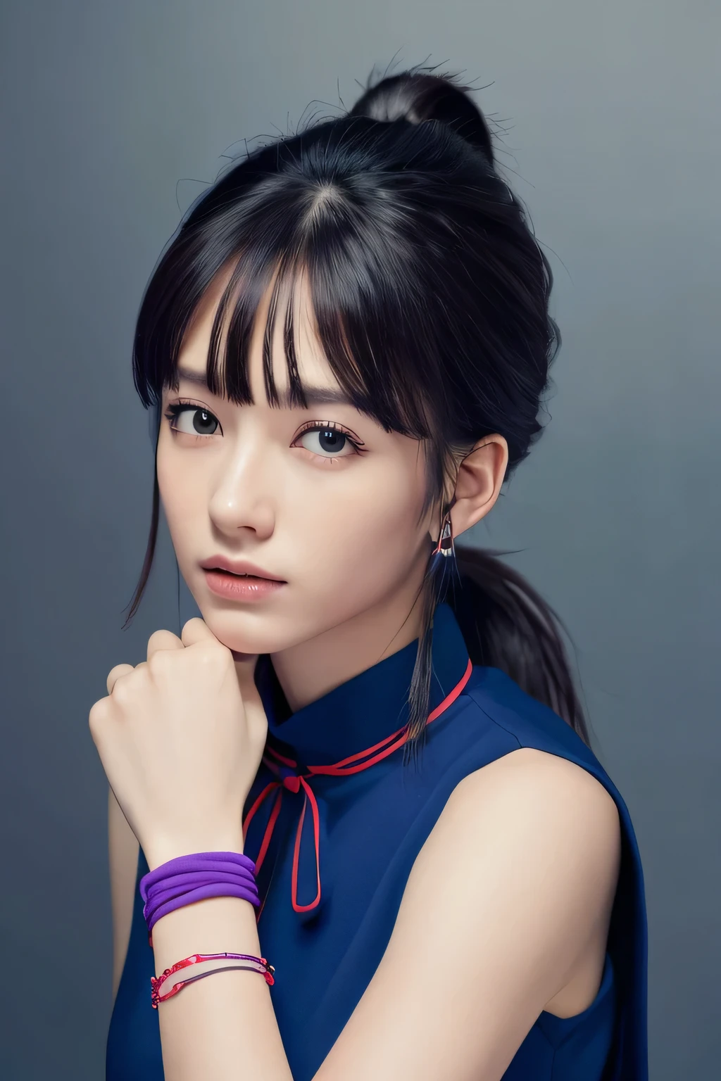 ((top-quality、8K、masterpiece:1.3))、Photorealistic, sharp focus, high-level image quality, high resolution, Portrait, Solo, dragon ball character Chi-Chi, (low ponytail:1.1), black eyes, blue sleeveless dress, wristband, sash, single hair bun, blunt bangs, sidelocks, earrings, orange neckerchief, purple dress, bracelet, night, dark backgrounds