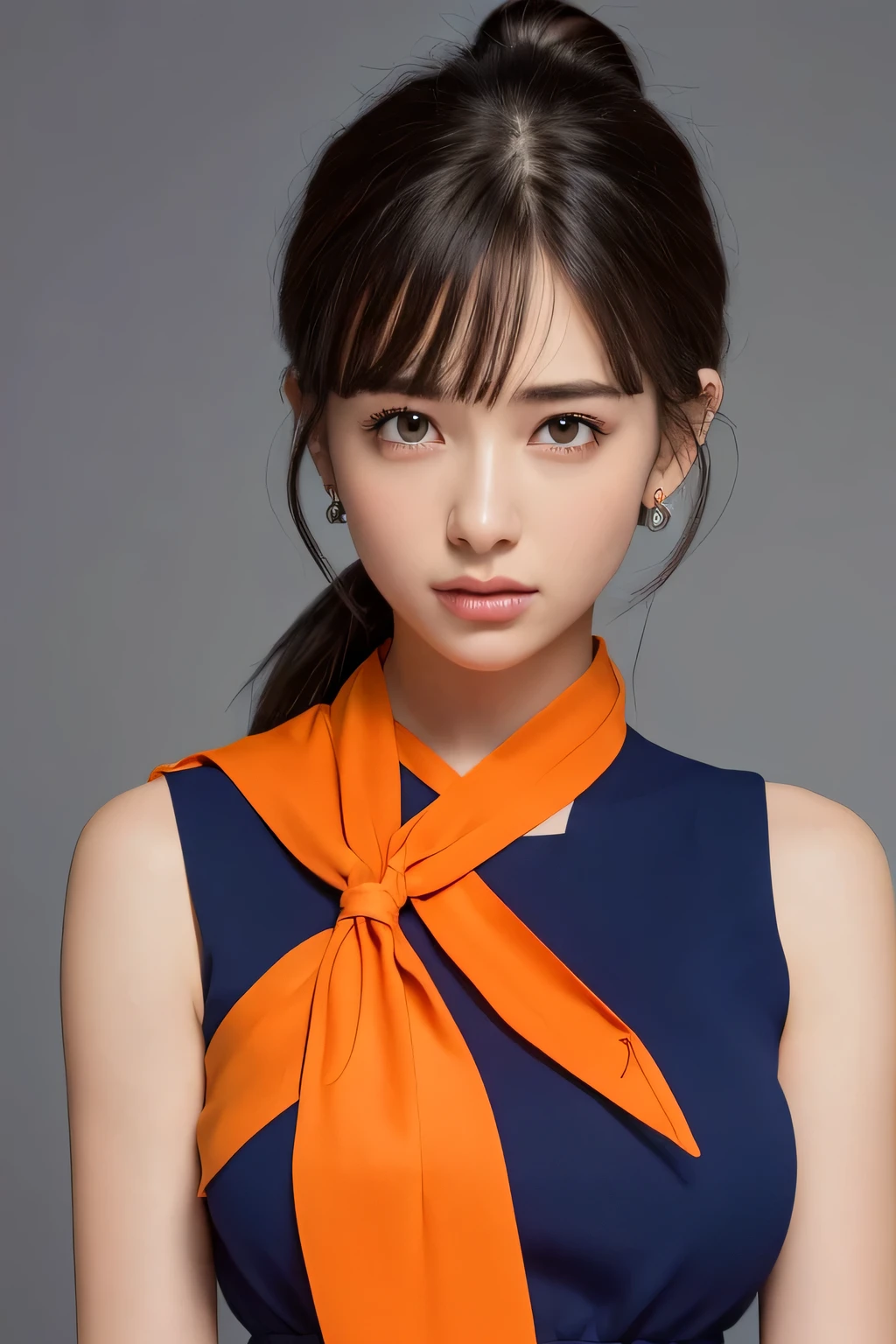 ((top-quality、8K、masterpiece:1.3))、Photorealistic, sharp focus, high-level image quality, high resolution, Portrait, Solo, dragon ball character Chi-Chi, (low ponytail:1.1), black eyes, blue sleeveless dress, wristband, sash, single hair bun, blunt bangs, sidelocks, earrings, orange neckerchief, purple dress, bracelet, night, dark backgrounds, (large breasts:1.1), (chubby:0.1)