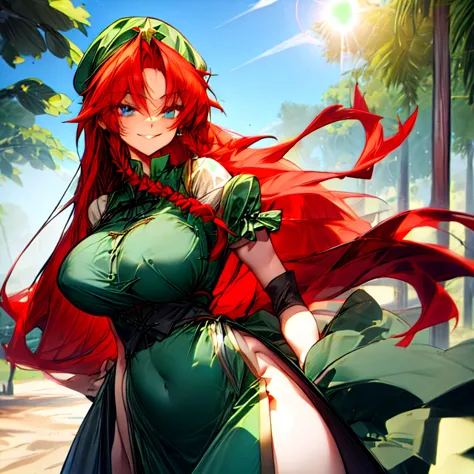 redhead,big breasts,big hips,smile,sun,long hair,blue eyes,green beret,a green dress,hong meiling