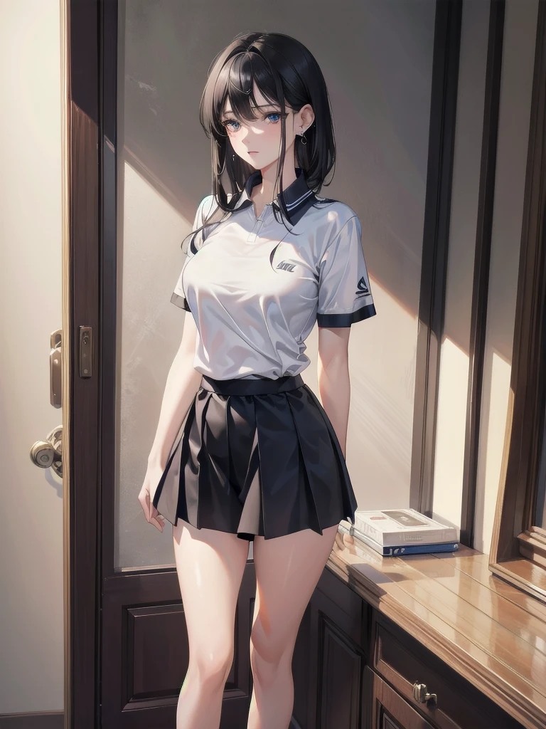 absurdres, RAW photo, extremely delicate and beautiful, masterpiece, Best Quality, ultra high resolution, 32k, hyperrealistic, ultra-detailed, in her 20s, delicate facial features, tearful mole, earring, medium breasts, full body shot, shorter middle hair, black hair, tennis uniform, shirt, shorts,