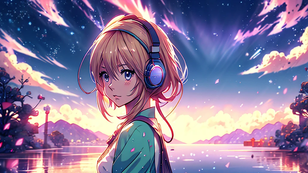 Woman wearing headphones, Anime Style 4 k, anime wallpaper 4k, anime wallpaper 4k, 4k anime wallpaper, anime art wallpaper 4k, anime art wallpaper 4k, Anime Style. 8K, Anime atmosphere, , Ultra HD Anime Wallpaper, Anime Art Wallpaper 8K, Anime Background,landscape、summer、Starry Sky