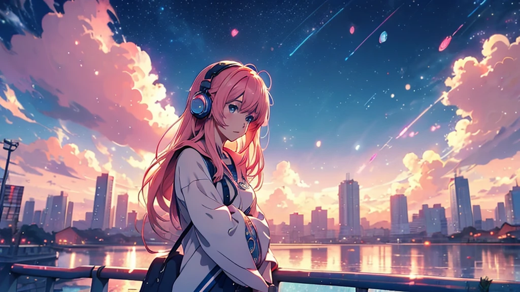 Woman wearing headphones, Anime Style 4 k, anime wallpaper 4k, anime wallpaper 4k, 4k anime wallpaper, anime art wallpaper 4k, anime art wallpaper 4k, Anime Style. 8K, Anime atmosphere, , Ultra HD Anime Wallpaper, Anime Art Wallpaper 8K, Anime Background,landscape、summer、Starry Sky