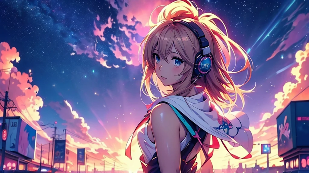 Woman wearing headphones, Anime Style 4 k, anime wallpaper 4k, anime wallpaper 4k, 4k anime wallpaper, anime art wallpaper 4k, anime art wallpaper 4k, Anime Style. 8K, Anime atmosphere, , Ultra HD Anime Wallpaper, Anime Art Wallpaper 8K, Anime Background,landscape、summer、Starry Sky