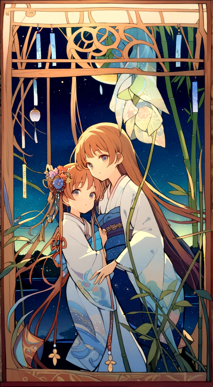 a detailed detailed intricately decorated wooden frame, a wooden frame with wind chimes hanging, background of starry night sky and river, ((Mucha style)), Tanabata, Orihime and Hikoboshi, kimono-style clothing, bamboo grass, night