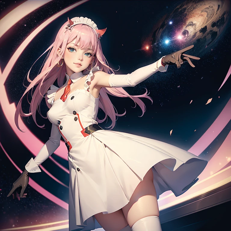 1girl, white maid dress, jewelry, pink hair, two red horns, flowing hair, long hair, maid dress with a short skirt and layers, white laces, white boots, white dress with transparency, gold details on her clothes, cat ears, animal ears,  more details, perfectly body, perfectly hands, two hands, two legs, two arms, five fingers, glowing hair, best quality, cat ears, animal ears, tail ornament, tail bow, white gloves, two cat tail, white gloves, alone, maid headdress, choker, detached sleeves, maid dress, maid white dress, strapless, masterpeice, best quality, detailed face, night, asymmetrical gloves, bangs, white short skirt , white gloves, white boots, earrings, elbow gloves, fishnet thighhighs, fishmasterpeice, solo, best quality, detailed face, gloves, hair between eyes, jewelry, long hair, looking at viewer, single earring, sky, sleeveless, solo, thigh boots, thighhighs, tongue, tongue out, uneven gloves, cat ears, animal ears, cat tail, , solo, alone, Looking at the viewer, More details on the clothes, magenta roses on her hair, space scenery, maid, maid dress, magenta details, magenta roses, maid headdress, maid apron, wave hair, long hair, seat on the Saturn rings, bats details on her clothes, more details on her clothes, gold details on her clothes, space, smiling, standing her hand to a viewer, looking at the viewer, in the background a several asteroids glowing with fiery auras, Dramatic lighting from distant stars and planets illuminates the scene, looking at the vast and mysterious universe, cowboy shot, upper body portrait, more details, sparkle,