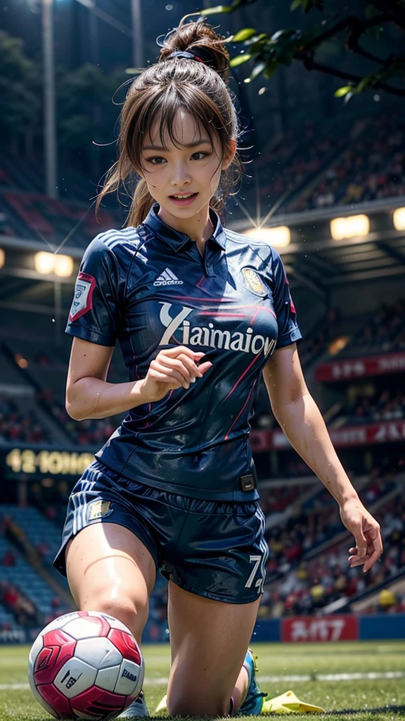 Highest quality, High resolution:1.2, Very detailed, Realistic:1.3, ((Beautiful woman))、((Super tight uniform))、((Big Breasts))、(The abdomen is visible)、(((Soccer uniforms)))、Vibrant colors, play soccer,(Blunt bangs)、((Various Hair Styles))、Different hair colors、With bangs、Wet Hair, concentrate, splash, Action Shots, Grass blotches, Muddy ground, Wet turf, decide, Fast-paced games, Athletic physique, Shiny soccer ball, Wet Uniform, raindrop, Blurred motion, ボールにconcentrateする, Intense competition, Skillful dribbling, Energetic play, Teamwork, powerful shoots, Wet pitch, Passionate sports, Fierce decide, Humid atmosphere, Fluid movement, emotional expression、Dramatic lighting, Women's Sports, Avid athletes, Exciting Games, Endure, Excited state, Speed and agility, Energetic play, 濡れたsplash、smile、((Red Uniform))