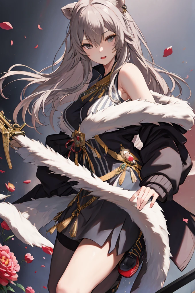 masterpiece、Highest quality、Highly detailed face、Highly detailed eyes、Highly detailed background、Perfect lighting、One girl、solo、8K、Peony Costume、Fur trimming、Jacket、Long Hair、Assault rifle