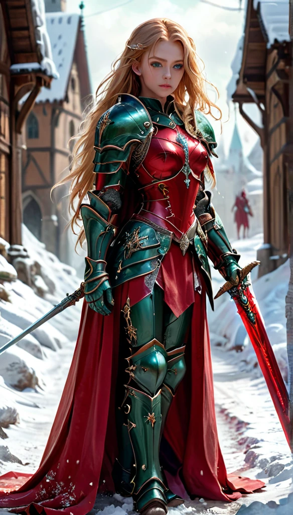 amazing quality, Artwork, best quality, hyper detailed, ultra detailed, Ultra HD, beautiful girl, perfect anatomy, Perfect body, model, elegant pose, wearing fantastic red full body armor with red cape, holding crystal sword, snowy medieval road, (random color:1.4), long hair, various hairstyles, red hair blonde highlights, green eyes, bright eyes, extremely detailed,