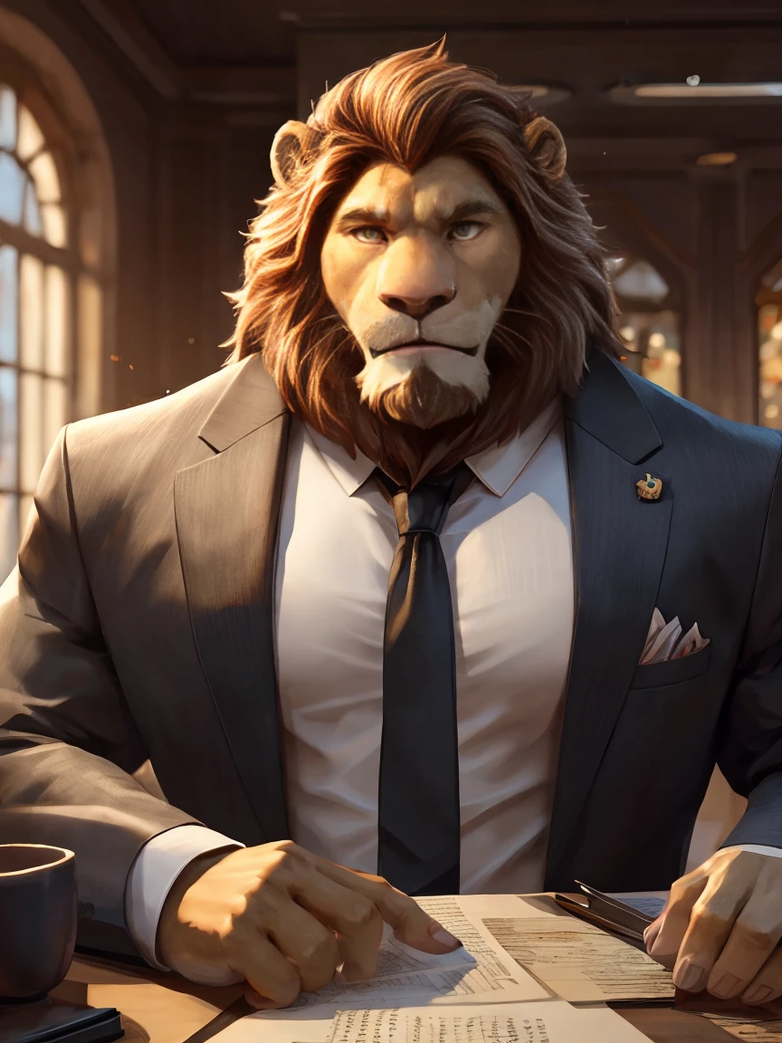 office，Looking at you with an embarrassed expression, Scene at the desk, , (super detailed), sharp focus,Shy，lion orc,golden eyes, brown mane, Light-colored fur, White beard, human nature (lion), male, middle aged, Shallow body, white belly, muscular, super detailed face, (exquisite eyes)frown,Embarrassed expression，Tooth grinned，suit and tie，motion blur, (best quality), (masterpiece), high detail, high quality, Award-winning, high resolution, HD, 16K, 