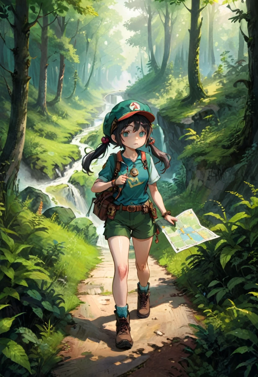 (girl, Twin Tails), the scene mainly depicts a girl wearing an adventure hat. Her ponytails hang down from both sides of the hat, and she is walking along a forest path, holding a map and compass in her hand. The background is a verdant forest, full body, (Photography, Raw photo), panoramic view, award-winning, cinematic still, emotional, vignette, dynamic, vivid, (masterpiece, best quality, Professional, perfect composition, very aesthetic, absurdres, ultra-detailed, intricate details:1.3)