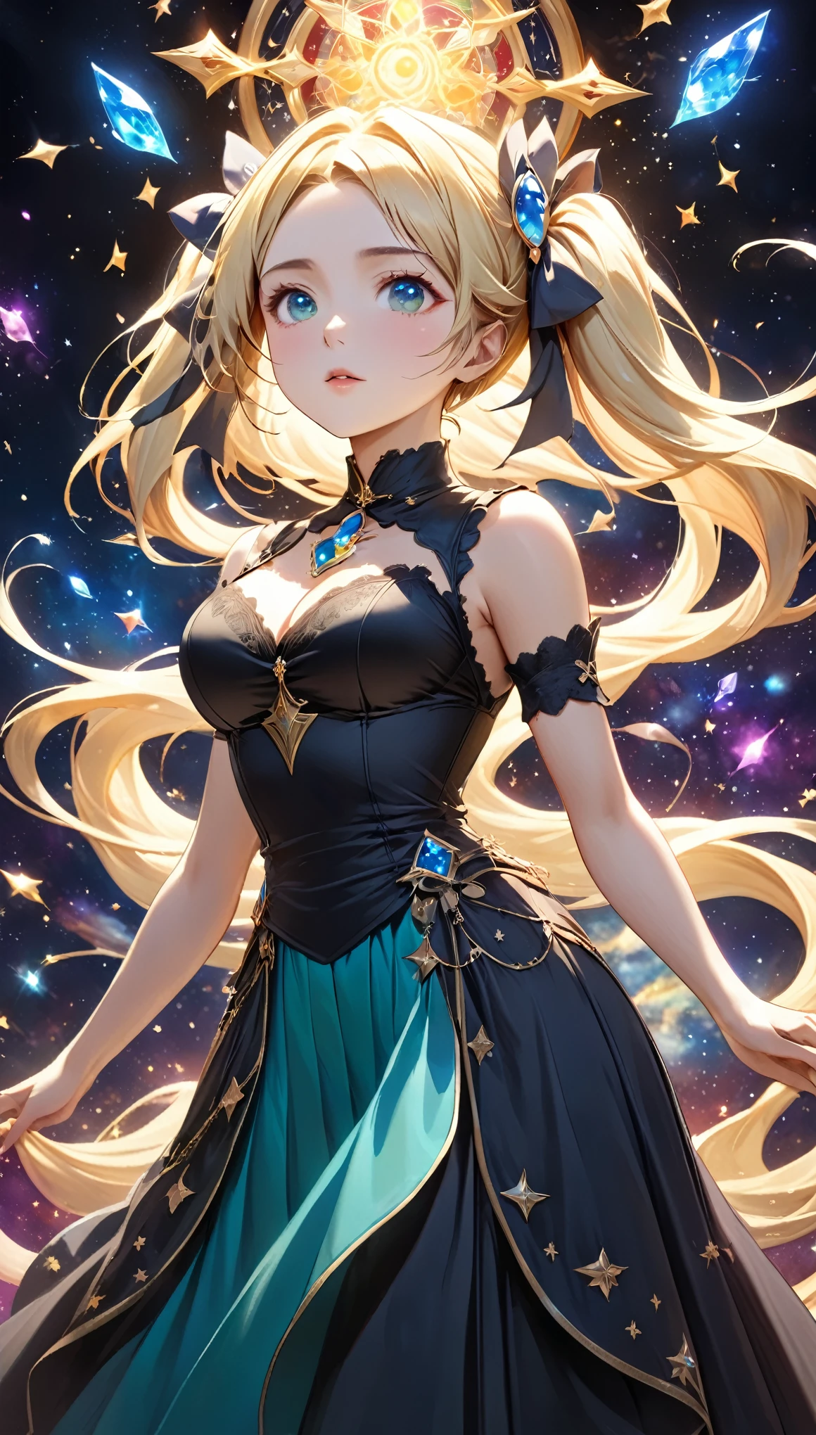 8K resolution, masterpiece, Highest quality, Award-winning works, unrealistic, Only sexy women, healthy shaped body, Age 25, White wavy long hair, twin tail, hair band, huge firm bouncing busts, witch, royal coat of arms, elegant, Very detailed, Digital Painting, artステーション, コンセプトart, Smooth, Sharp focus, shape, artジャム、Greg Rutkowski、Alphonse Mucha、William Adolphe Bouguereau、art：Stephanie Law , Magnificent cosmic background, Royal Jewel, nature, Full Shot, Symmetric, Greg Rutkowski, Charlie Bowwater, beep, Unreal 5, Surreal, Dynamic Lighting, ファンタジーart, Complex colors, カラフルなmagic陣, magic, Small face, Very delicate facial expressions, Delicate eye depiction, Upper body close-up,, erotic, dynamic sexy poses, One sexy woman, Healthy body shape, 24-year-old woman, doaxvv_marie rose, witch, Height: 170cm, big firm bouncing busts, , blonde very long wavy hair, twin tail,, Glaring at the camera, Looking up, Invincible laughter, A complex, gothic-style long dress, , Green long skirt, garter belt, Brown Loafers, Standing Alone