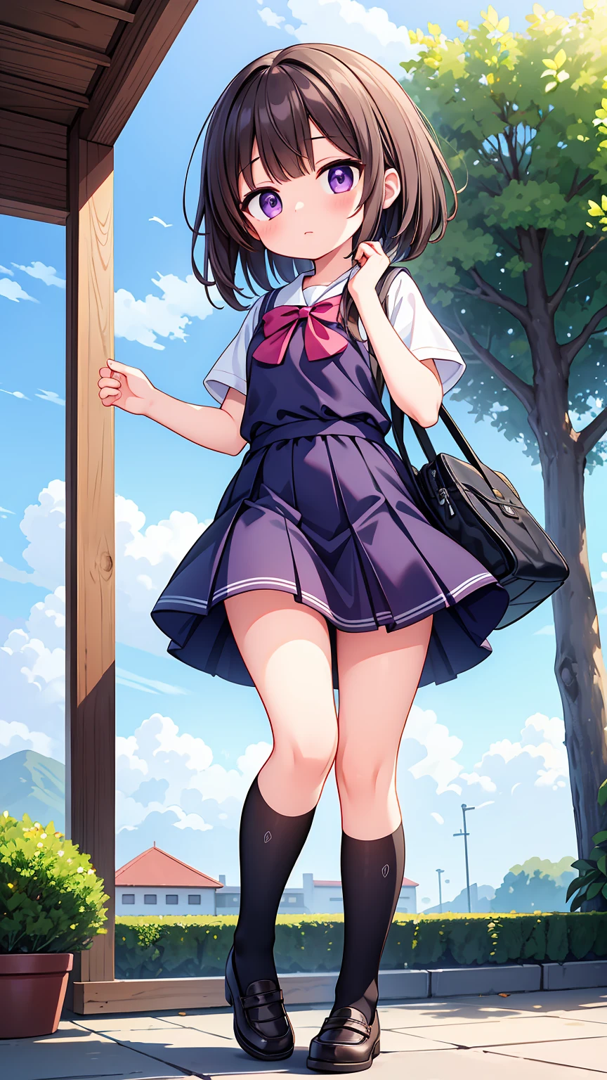 (High quality), (masterpiece), (very detailed), girl, (very small bust), short brown hair, purple eyes, shy face, (primary school loli), showing her thighs, on the school yard, sunny, camera angle from below, adorable eyes, (primar school uniform), she is in love