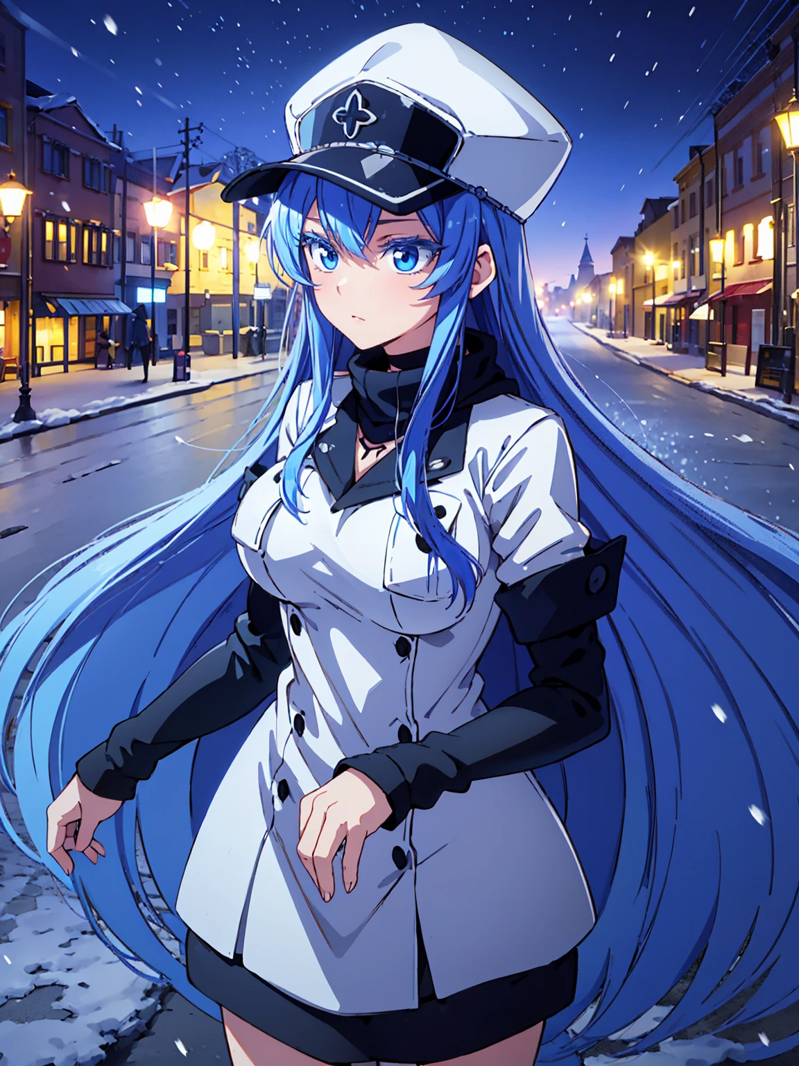 (artwork, best quality) a girl with long blue hair, blue eyes, blue eyelashes, big breasts, white sweatshirt with a hat, walking, upset, on a street in Russia, snowing heavily, at night