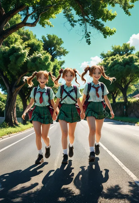 (girl, Twin Tails), The scene mainly depicts a group of girls carrying backpacks walking on the road, their ponytails jumping in...