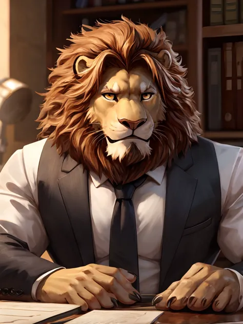 office，Looking at you with an embarrassed expression, Scene at the desk, , (super detailed), sharp focus,Shy，lion orc,golden eye...