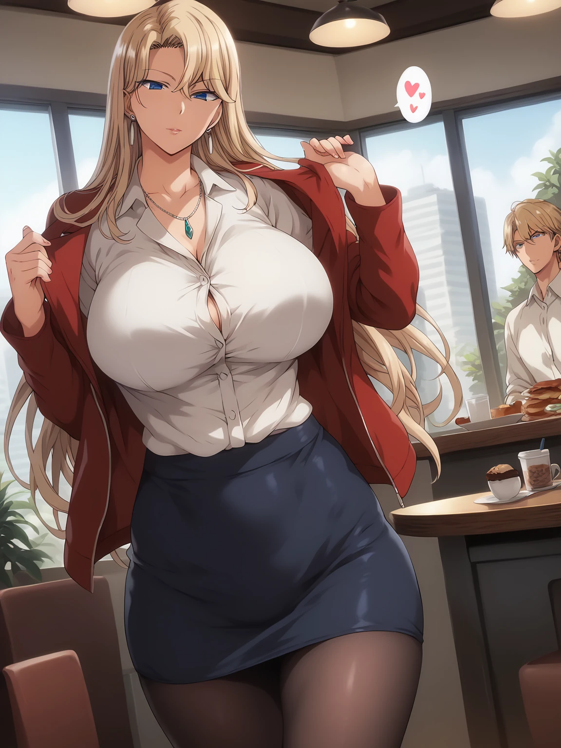 score_9, score_8_up, score_7_up, score_6_up, score_5_up, score_4_up,
source_anime, realistic,
1 girl, standing, cowboy shot, cafe,
BREAK
ReikaKurashiki, red_jacket:1.2), standing , huge breast ,cowboy shot, thick body, long_sleeves, heart_necklace, white shirt, collared shirt, pantyhose, pencil skirt, earrings, jewelry, gem, bangs, blonde_hair, blue_eyes, long_hair