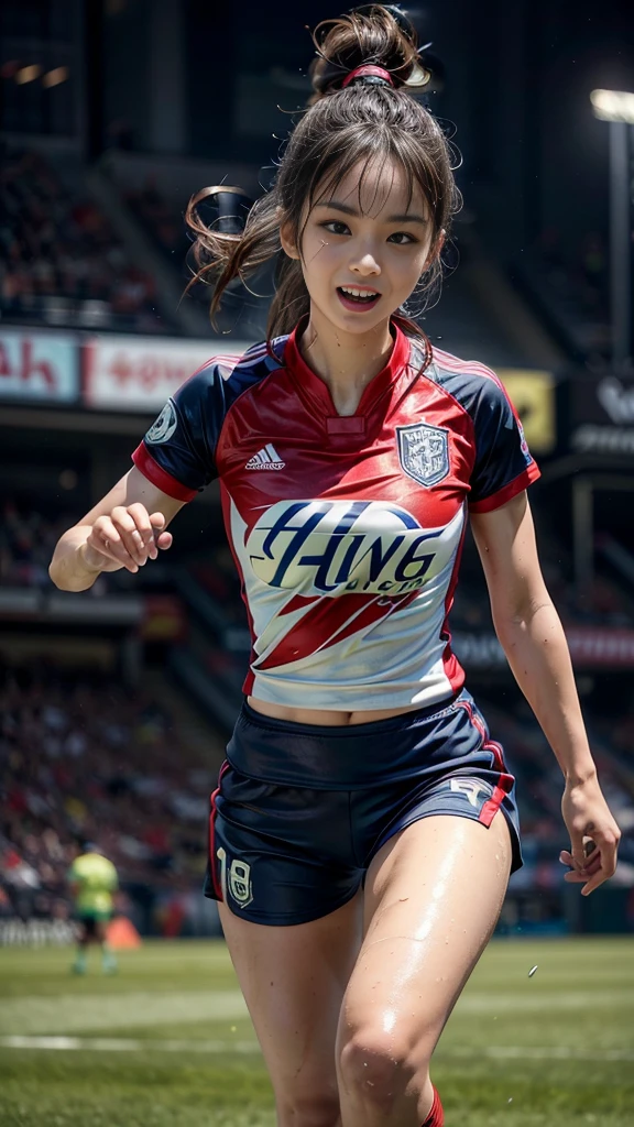 Highest quality, High resolution:1.2, Very detailed, Realistic:1.3, ((Beautiful woman))、((Super tight uniform))、((Big Breasts))、(The abdomen is visible)、(((Soccer uniforms)))、Vibrant colors, play soccer,(Blunt bangs)、((Various Hair Styles))、Different hair colors、With bangs、Wet Hair, concentrate, splash, Action Shots, Grass blotches, Muddy ground, Wet turf, decide, Fast-paced games, Athletic physique, Shiny soccer ball, Wet Uniform, raindrop, Blurred motion, ボールにconcentrateする, Intense competition, Skillful dribbling, Energetic play, Teamwork, powerful shoots, Wet pitch, Passionate sports, Fierce decide, Humid atmosphere, Fluid movement, emotional expression、Dramatic lighting, Women's Sports, Avid athletes, Exciting Games, Endure, Excited state, Speed and agility, Energetic play, 濡れたsplash、smile、((Red Uniform))