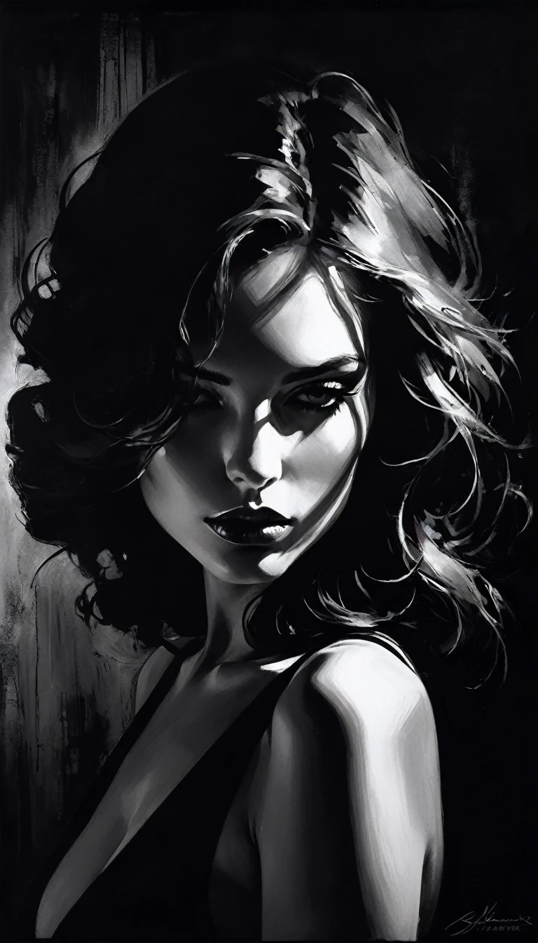 eroticism, sexy, black and white image, between shadows, oil painting, dramatic lighting, dramatic contrast, chiaroscuro, detailed face, sensual expression, elegant pose, female figure, mysterious, moody, cinematic, dark romantic, Bill Sienkiewicz inspired, dark atmosphere, powerful composition, dramatic shadows, high quality, photorealistic, masterpiece
