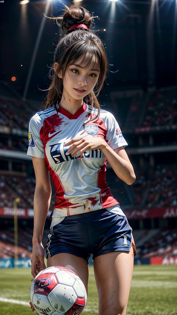 Highest quality, High resolution:1.2, Very detailed, Realistic:1.3, ((Beautiful woman))、((Super tight uniform))、((Big Breasts))、(The abdomen is visible)、(((Soccer uniforms)))、Vibrant colors, play soccer,(Blunt bangs)、((Various Hair Styles))、Different hair colors、With bangs、Wet Hair, concentrate, splash, Action Shots, Grass blotches, Muddy ground, Wet turf, decide, Fast-paced games, Athletic physique, Shiny soccer ball, Wet Uniform, raindrop, Blurred motion, ボールにconcentrateする, Intense competition, Skillful dribbling, Energetic play, Teamwork, powerful shoots, Wet pitch, Passionate sports, Fierce decide, Humid atmosphere, Fluid movement, emotional expression、Dramatic lighting, Women's Sports, Avid athletes, Exciting Games, Endure, Excited state, Speed and agility, Energetic play, 濡れたsplash、smile、((Red Uniform))