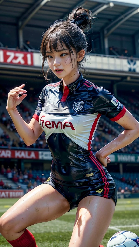 Highest quality, High resolution:1.2, Very detailed, Realistic:1.3, ((Beautiful woman))、((Super tight uniform))、((Big Breasts))、(The abdomen is visible)、(((Soccer uniforms)))、Vibrant colors, play soccer,(Blunt bangs)、((Various Hair Styles))、Different hair colors、With bangs、Wet Hair, concentrate, splash, Action Shots, Grass blotches, Muddy ground, Wet turf, decide, Fast-paced games, Athletic physique, Shiny soccer ball, Wet Uniform, raindrop, Blurred motion, ボールにconcentrateする, Intense competition, Skillful dribbling, Energetic play, Teamwork, powerful shoots, Wet pitch, Passionate sports, Fierce decide, Humid atmosphere, Fluid movement, emotional expression、Dramatic lighting, Women's Sports, Avid athletes, Exciting Games, Endure, Excited state, Speed and agility, Energetic play, 濡れたsplash、smile、((Red Uniform))