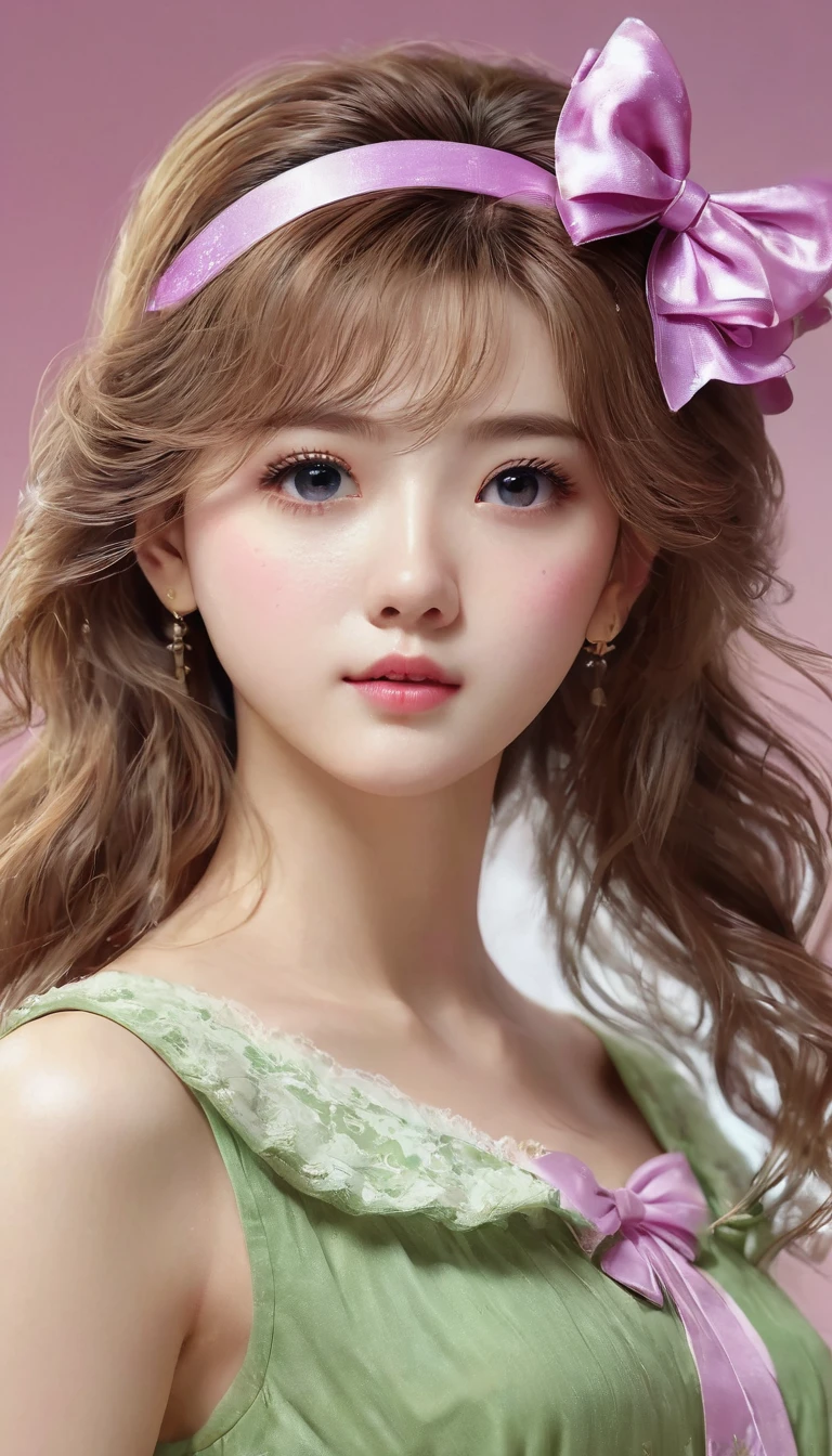 Ultra-realistic CG K ,((premium、8k、32k、Masterpiece、NFFSW:1.3)), (superfine illustration)、(super high resolution), (((adult body))), (Masterpiece, Best Quality:1.2),a beautiful girl，Skin details processing...，The eyes are finely described...，delicate hair，long wavy hair，long light hair，She has a big bow on her head..，modern clothing ,pink violet, yellow and green，clean background