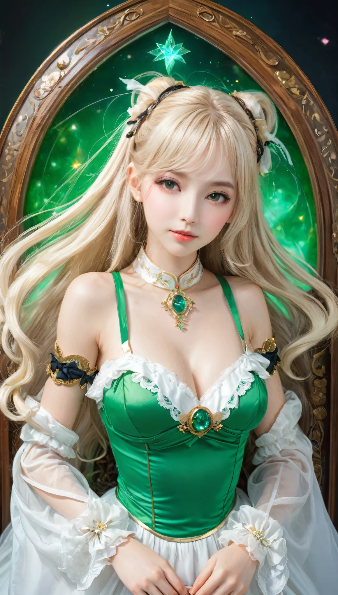 8K resolution, masterpiece, Highest quality, Award-winning works, unrealistic, Only sexy women, healthy shaped body, Age 25, White wavy long hair, twin tail, hair band, huge firm bouncing busts, witch, royal coat of arms, elegant, Very detailed, Digital Painting, artステーション, コンセプトart, Smooth, Sharp focus, shape, artジャム、Greg Rutkowski、Alphonse Mucha、William Adolphe Bouguereau、art：Stephanie Law , Magnificent cosmic background, Royal Jewel, nature, Full Shot, Symmetric, Greg Rutkowski, Charlie Bowwater, beep, Unreal 5, Surreal, Dynamic Lighting, ファンタジーart, Complex colors, カラフルなmagic陣, magic, Small face, Very delicate facial expressions, Delicate eye depiction, Upper body close-up,, erotic, dynamic sexy poses, One sexy woman, Healthy body shape, 24-year-old woman, doaxvv_marie rose, witch, Height: 170cm, big firm bouncing busts, , blonde very long wavy hair, twin tail,, Top view, Glaring at the camera, Looking up, Invincible laughter, A complex, gothic-style long dress, , Green long skirt, garter belt, Brown Loafers, Standing Alone