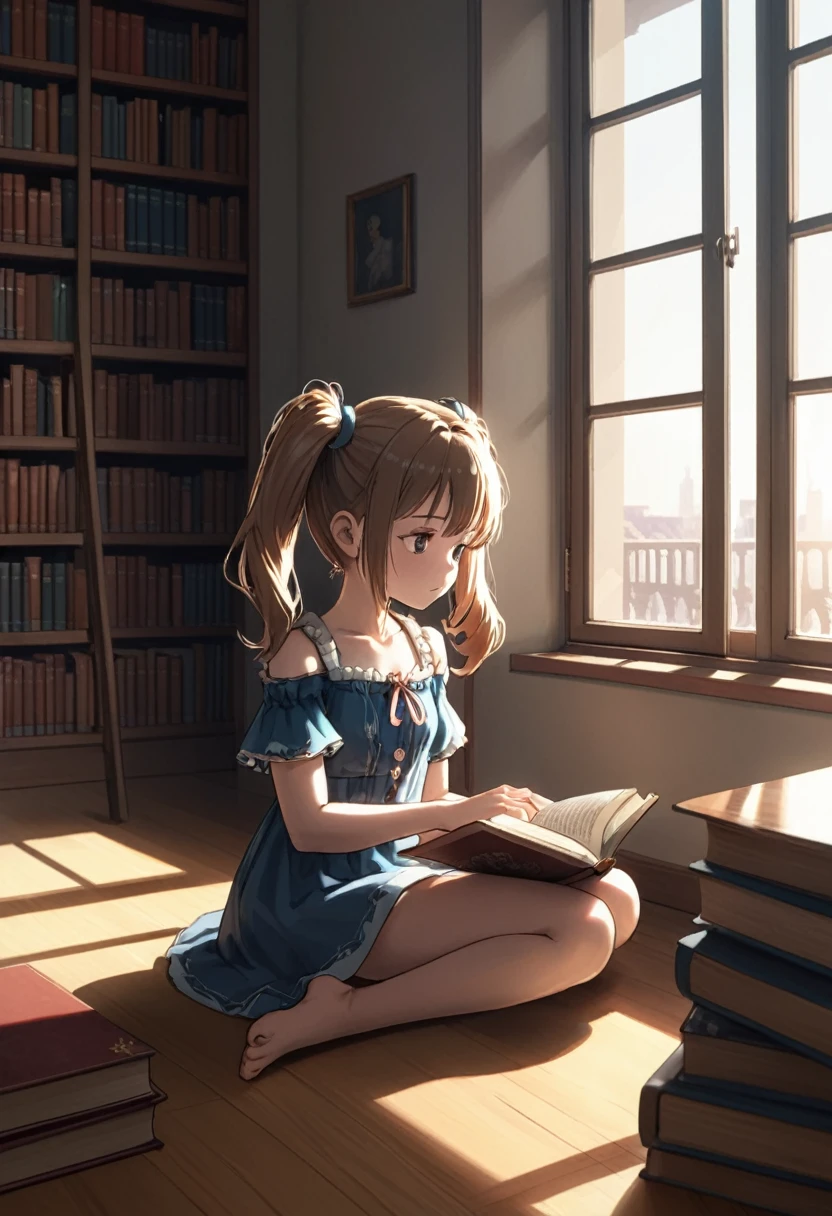 (girl, Twin Tails), A girl sat by the window of the library, her ponytails gently hanging over her shoulders. She was focused on reading the books in her hand, and the sunlight shone through the window on her side face. The background was full of books, full body, (Photography, Raw photo), panoramic view, award-winning, cinematic still, emotional, vignette, dynamic, vivid, (masterpiece, best quality, Professional, perfect composition, very aesthetic, absurdres, ultra-detailed, intricate details:1.3)