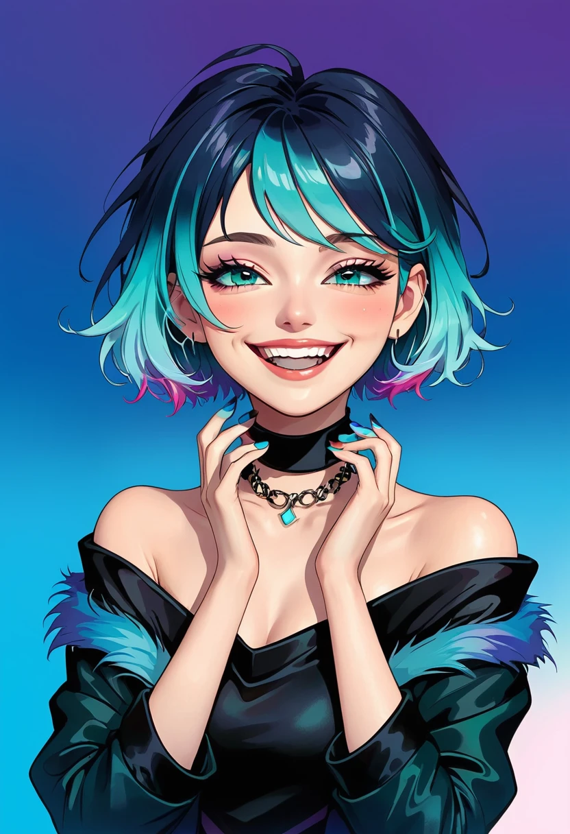 1girl,aqua nails,black jacket,blue nails,choker,gradient,gradient background,hand on own face,jacket,multicolored hair,nail polish,off shoulder,short hair,smile,solo