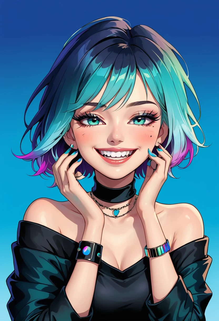 1girl,aqua nails,black jacket,blue nails,choker,gradient,gradient background,hand on own face,jacket,multicolored hair,nail polish,off shoulder,short hair,smile,solo