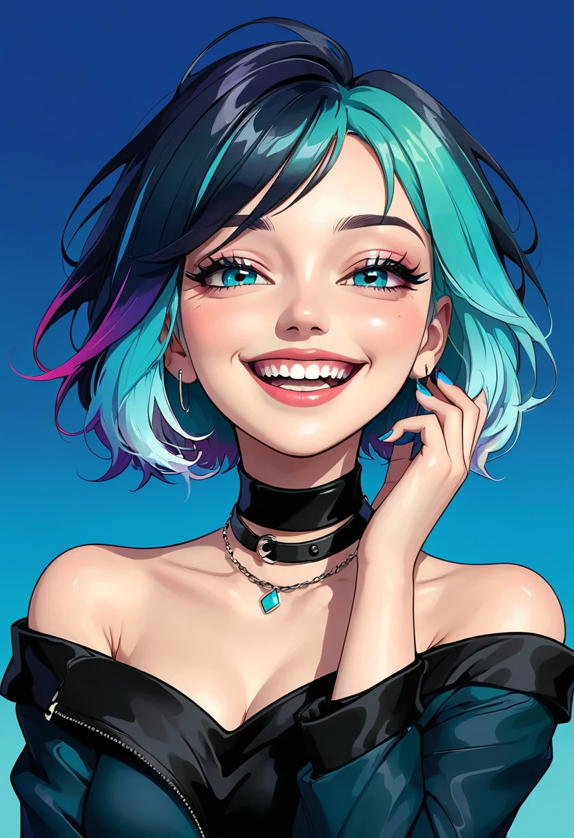 1girl,aqua nails,black jacket,blue nails,choker,gradient,gradient background,hand on own face,jacket,multicolored hair,nail polish,off shoulder,short hair,smile,solo