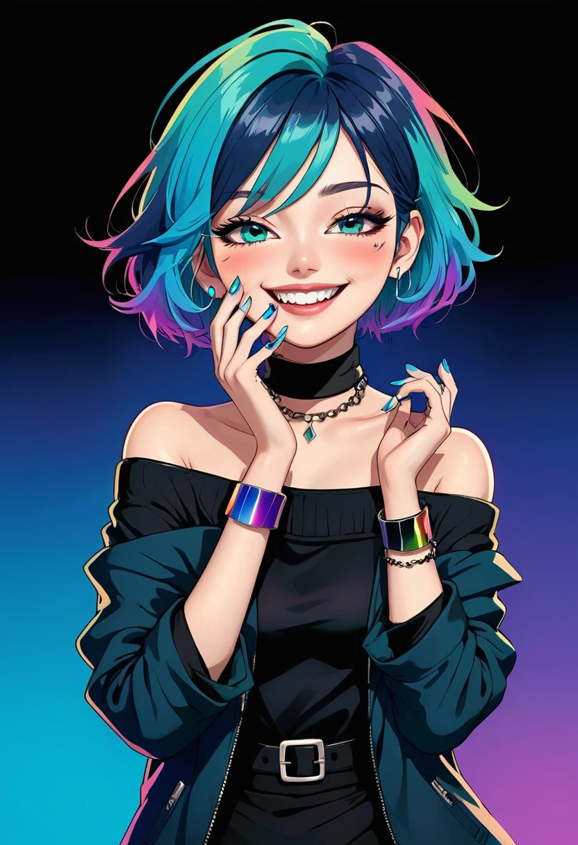 1girl,aqua nails,black jacket,blue nails,choker,gradient,gradient background,hand on own face,jacket,multicolored hair,nail polish,off shoulder,short hair,smile,solo