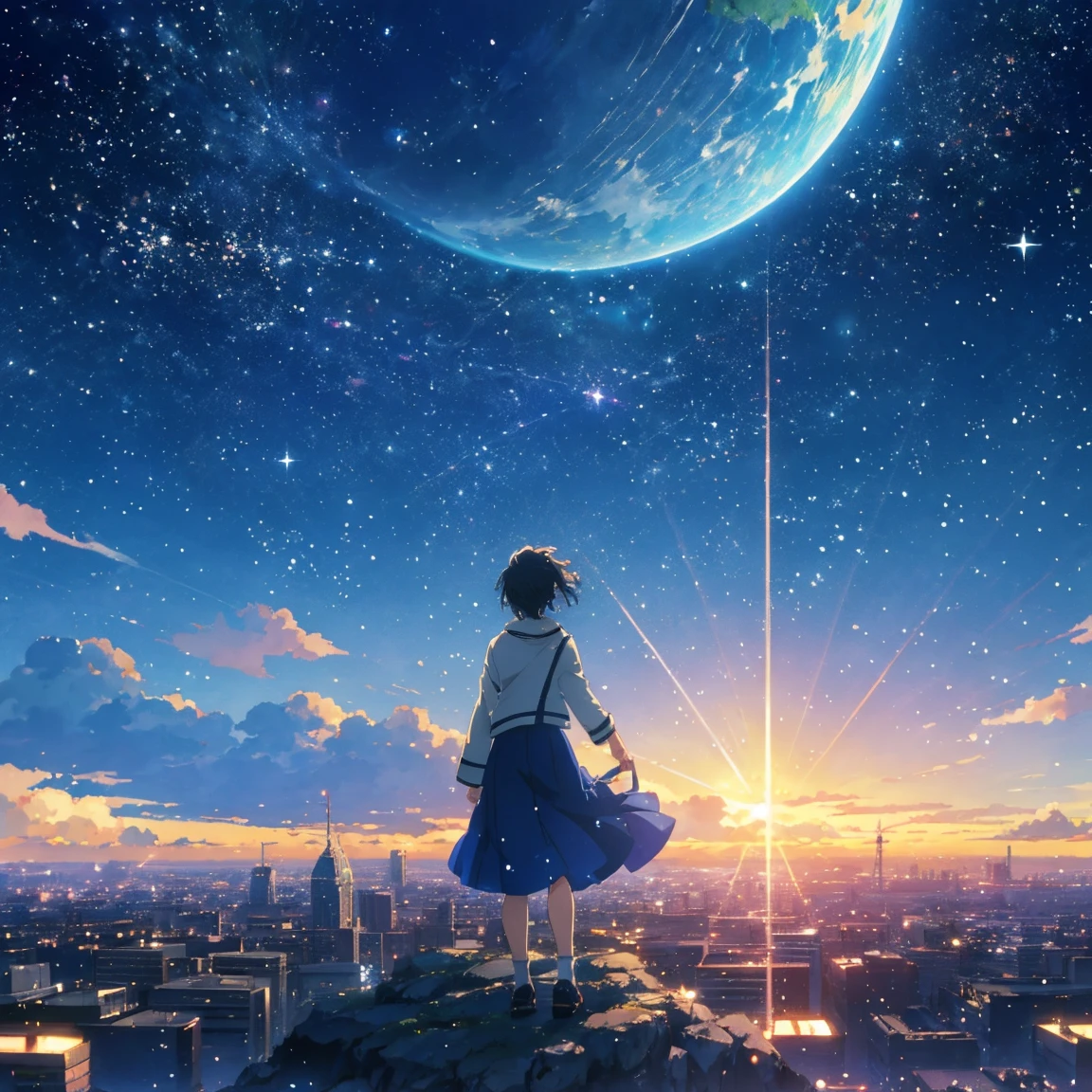 Anime - Stil Szene eines wunderschönen Himmels mit einem Stern und einem Planeten, kosmischer Himmel. von Makoto Shinkai, Anime-Kunst-Hintergrundbild 4k, Anime-Kunst-Tapete 4k, Anime-Kunst-Tapete 8 K, Anime-Hintergrundbild 4k, Anime-Tapete 4k, 4K-Anime-Hintergrundbild, Anime Himmel, tolle Tapete, Anime-Hintergrund, Himmel Planet im Hintergrund, Anime-Hintergrund art no humans landscape