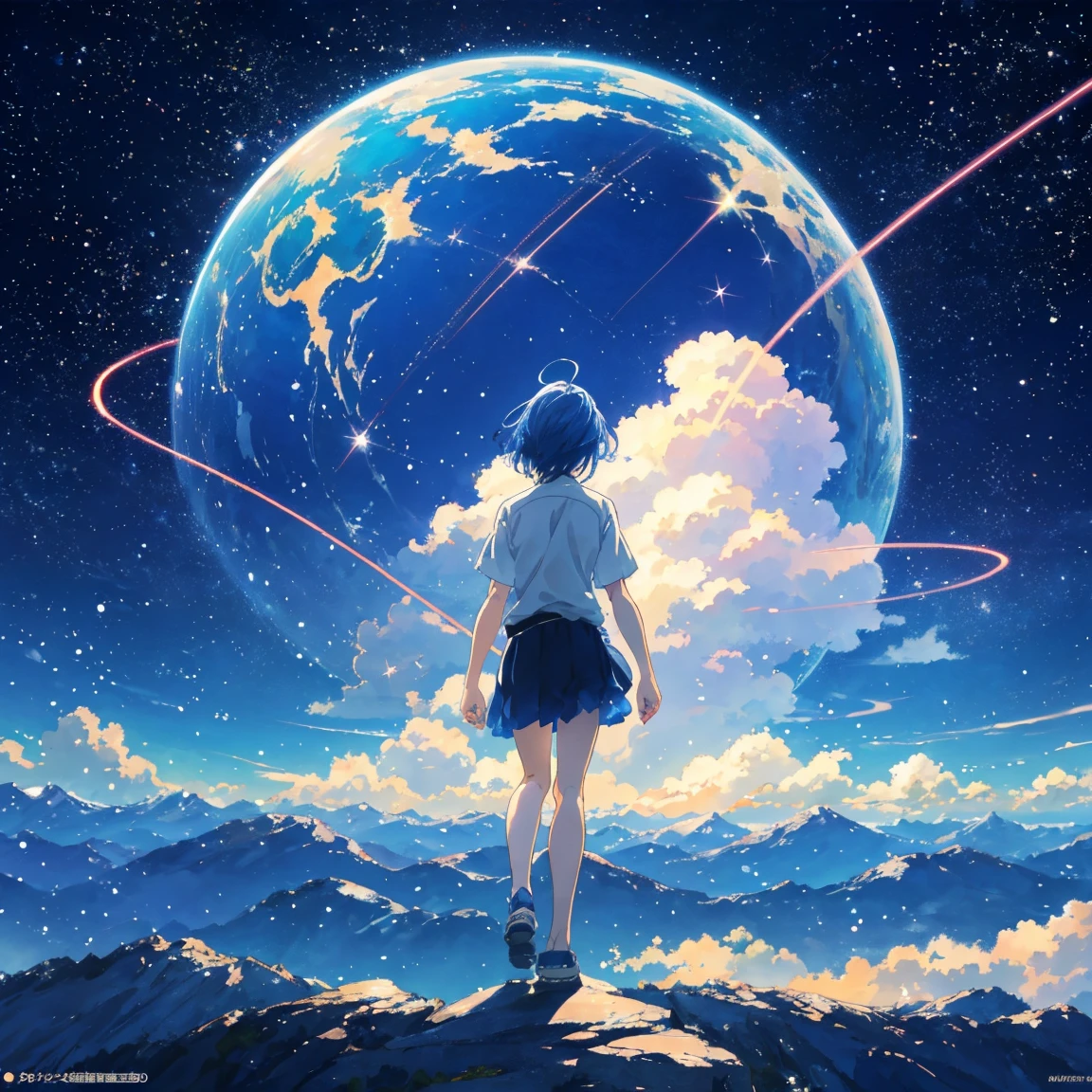 Anime - Stil Szene eines wunderschönen Himmels mit einem Stern und einem Planeten, kosmischer Himmel. von Makoto Shinkai, Anime-Kunst-Hintergrundbild 4k, Anime-Kunst-Tapete 4k, Anime-Kunst-Tapete 8 K, Anime-Hintergrundbild 4k, Anime-Tapete 4k, 4K-Anime-Hintergrundbild, Anime Himmel, tolle Tapete, Anime-Hintergrund, Himmel Planet im Hintergrund, Anime-Hintergrund art no humans landscape