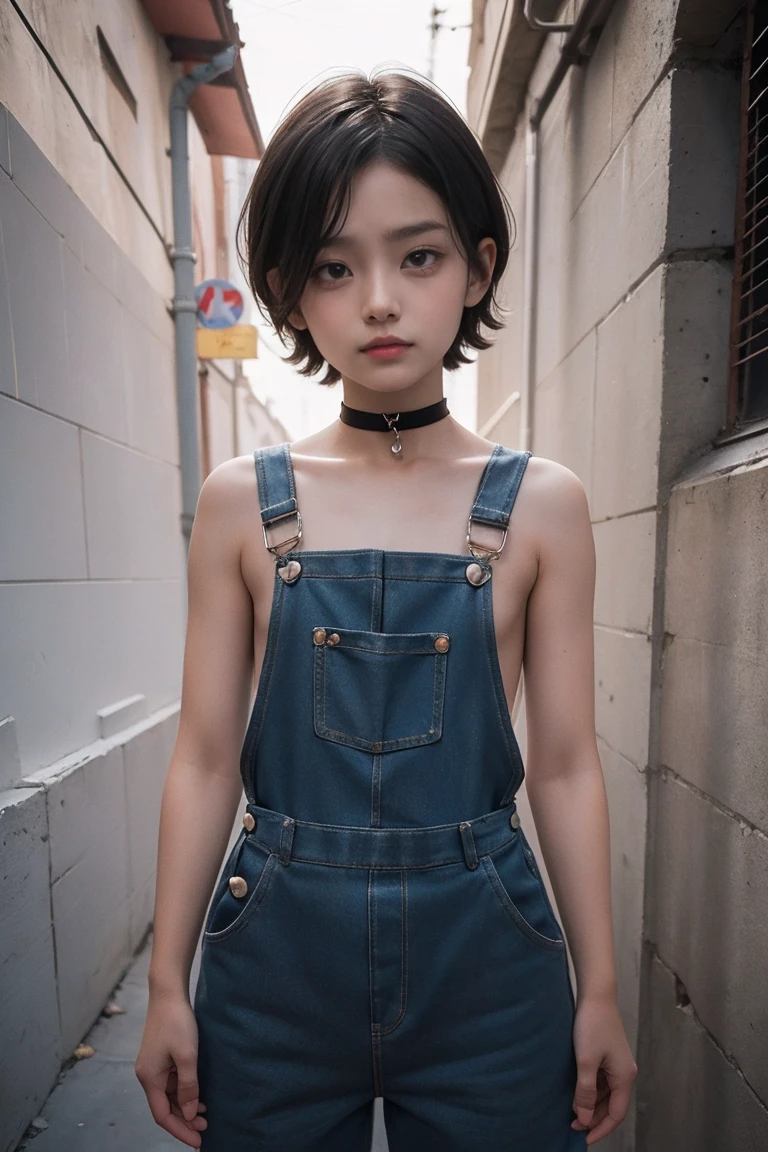 A cute boy, Looks about 14 years old (short hair), Height about 140 cm, Wearing very short overalls next to the skin, flat chest like a boy, Slender body, The wall is a concrete wall, Black Hair, eyeball, Surrealism, Blurred, Cinema Lighting, Bokeh, Very detailed, Anatomically correct, Accurate, Award-winning, 16K, The clothes are transparent, Short torso, Anatomically correct body balance, slightly plump figure, soft, artwork, naked overalls, Wear only overalls, No sleeve, naked arms, choker, naked 
