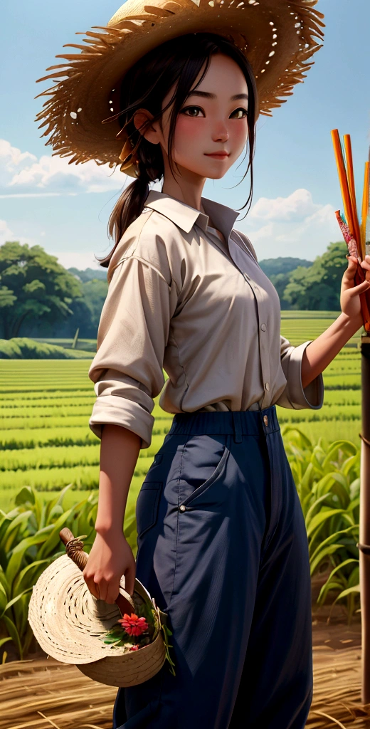 An image of Li, a young farmer wearing simple traditional clothes: a loose shirt, pants, and a straw hat, working in his field with a lush and vibrant background. Hyper realistic, 8K, full HD.