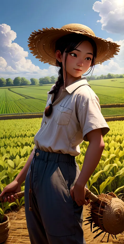 An image of Li, a young farmer wearing simple traditional clothes: a loose shirt, pants, and a straw hat, working in his field w...