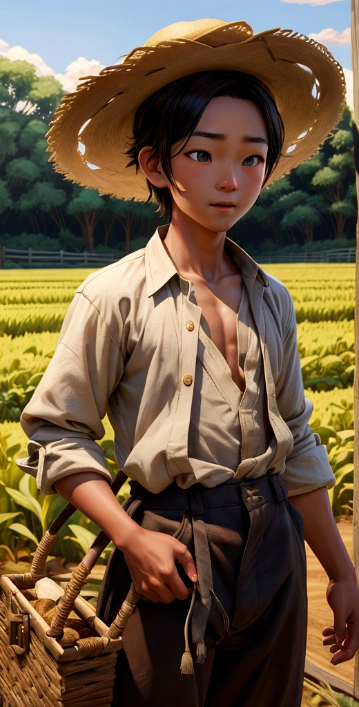 Ein Bild von Li, ein junger Bauer in einfacher traditioneller Kleidung: ein lockeres Hemd, Hose, und ein Strohhut, entdeckte auf seinem Feld eine versteckte Schatzkiste voller Goldmünzen, mit einem überraschten Gesichtsausdruck. Hyperrealistisch, 8K, Full HD.