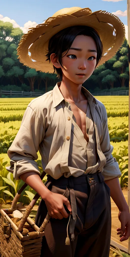 An image of Li, a young farmer wearing simple traditional clothes: a loose shirt, pants, and a straw hat, discovering a hidden t...