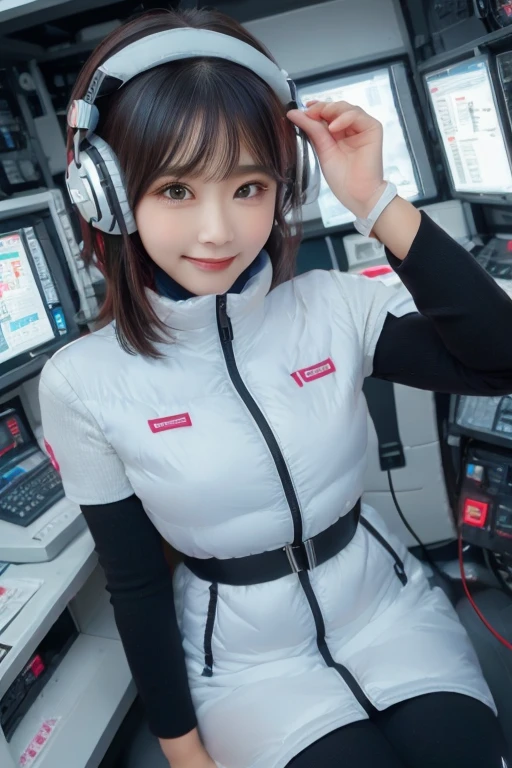 masterpiece, Highest quality, Very detailed, 8K Portrait,Japanese Android Girl,plump , Control panel,Robotic arms and legs, Blunt bangs,,break (Metallic Gray, Metallic luster, Mirror finish, Astro Best):5,headphone:5,break (Black sleeves):100,Smart Watches,Futuristic space station,Control Room,break headphone,blue eyes,(Black Hair):2,(Long Hair):1.3,Displaying the viewer,(respirator),break blush:3,Hidden Hand,smile