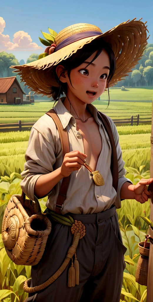 Ein Bild von Li, ein junger Bauer in einfacher traditioneller Kleidung: ein lockeres Hemd, Hose, und ein Strohhut, entdeckte auf seinem Feld eine versteckte Schatzkiste voller Goldmünzen, mit einem überraschten Gesichtsausdruck. Hyperrealistisch, 8K, Full HD.