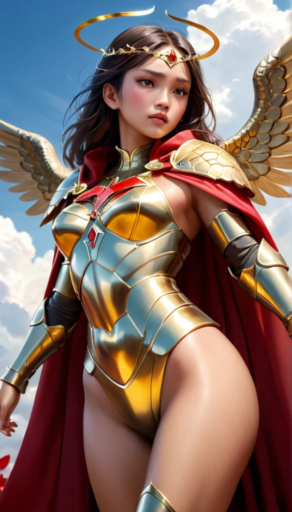 ((Armed with a huge and heavy scepter)), (Picturesque heavy golden armor), Extra thick helmet，There are small wings on both sides, (Wrap the whole body), ((Red Cape)), ((beautiful woman Brazilian six-winged battle angel)), pretty face, ((half turtle)), ((laments)), (Thick clouds at her feet))), (((Rising rose petals))), stereoscopic perspective , Masterpieces, (((face detail)), ultra-detailed, 16K resolution, high quality, Cinema lighting, High image detail, Dynamic perspective, (depth of fields), A detailed, Epic photos