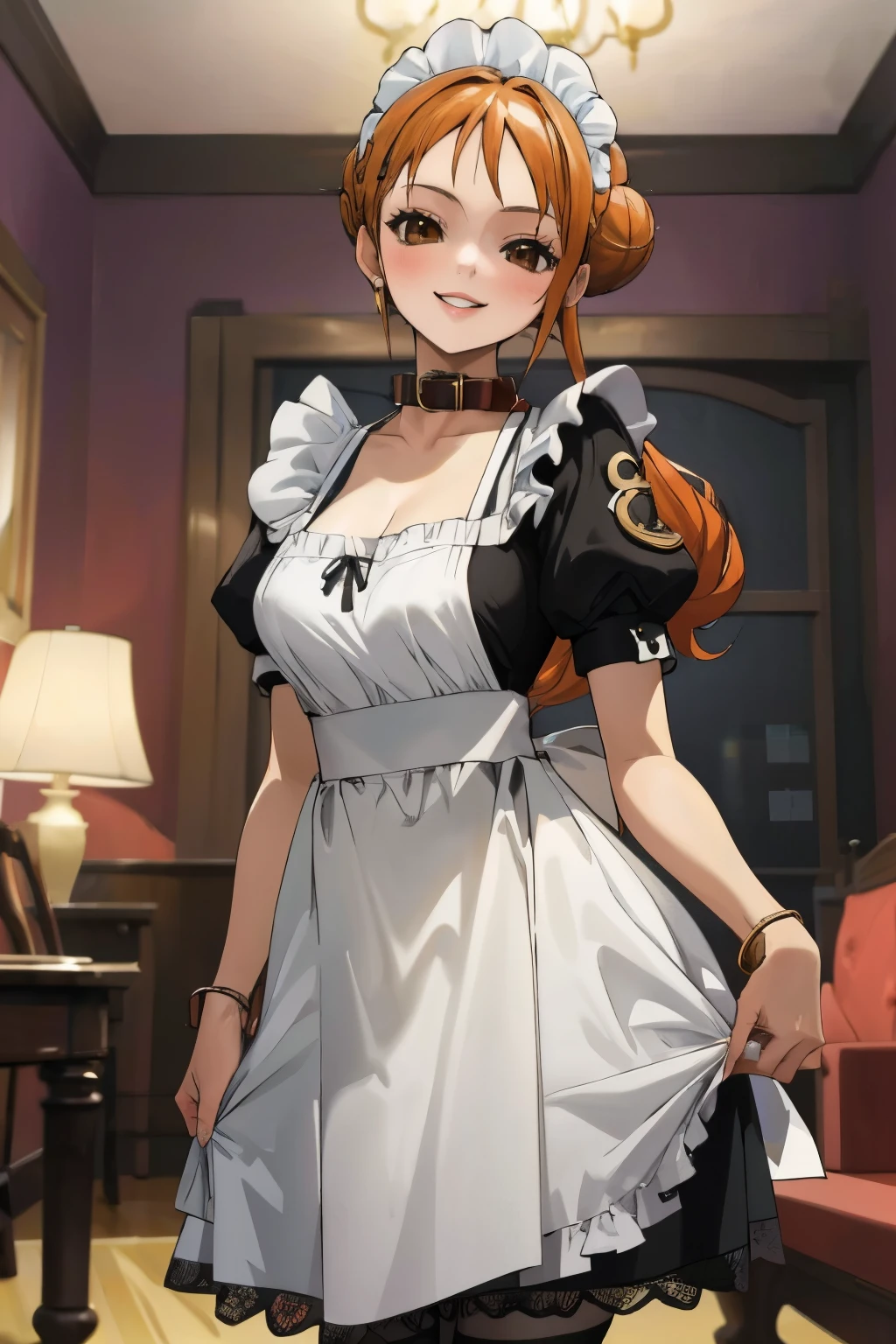 masterpiece, best quality, ultra-detailed, 1girl (namiop, Big and pretty breasts, jewelry, earrings, dog collar, orange hair, hair bun, single hair bun, brown eyes), smile, makeup, glow lips, facing viewer, looking at viewer, solo, maid(black), frill, apron, maid headdress, white lace thighhighs, mini skirt, wanostyle, night time, in the livingroom, standing, 